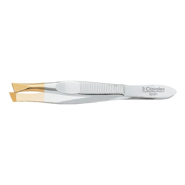 Pinza 3 claveles sesgada ancha punta oro 80 mm